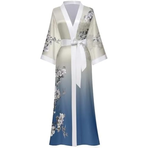 Women's Floral Long Kimono Robe Long Satin Robe Long Silk Robe Ladies Kimonos Silky Bathrobe Cover Up, One Size