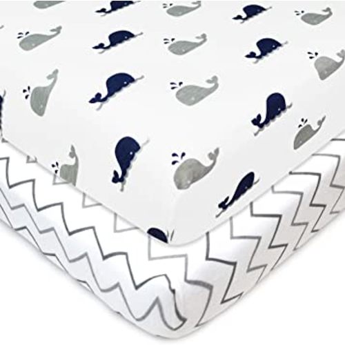 American Baby Company 2 Pack Fitted Pack N Play Playard Sheet 27" x 39", Soft Breathable Neutral 100% Cotton Jersey Pack and Play Sheet, Navy Whale/Grey Zigzag, for Boys and Girls, Fits Most Mini Crib