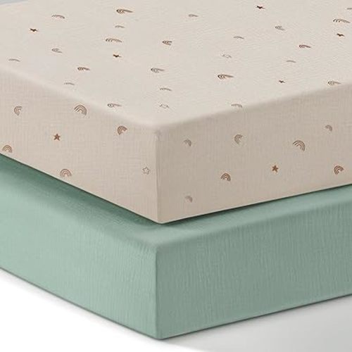 Muslin Pack and Play Sheets, 2 Pack Mini Crib Sheets, Stretchy Playard Fitted Sheet, Compatible with Graco Pack n Play, Soft and Breathable Material