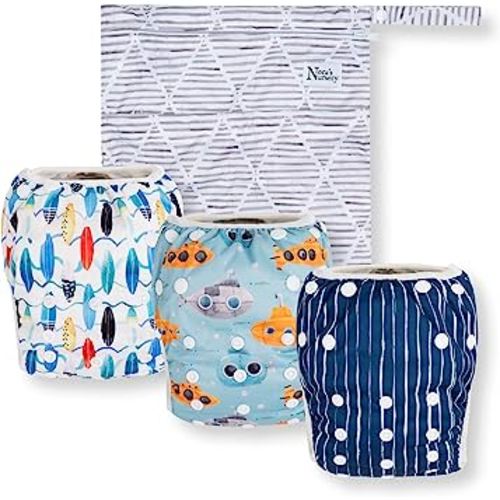 Reusable Swim Diapers and Wet Bag - One Size Fully Adjustable - Seaside Unisex 3 Pack with Wet Bag by Nora's Nursery