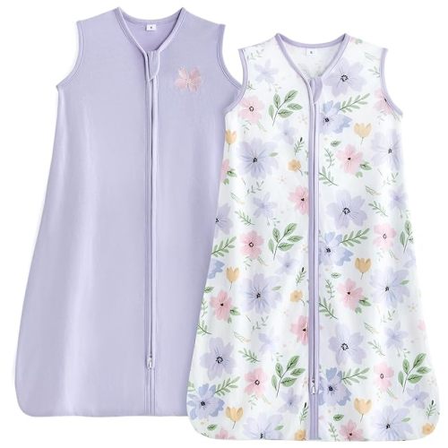 TILLYOU Sleep Sack 12-18 Months - 0.5 TOG Baby Wearable Blanket with 2-Way Zipper, Lightweight Cotton Summer Sleeping sack 2 Pack, Brilliant little flowers and purple