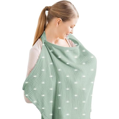 Konssy Muslin Nursing Cover for Baby Breastfeeding, Breathable 100% Cotton Breastfeeding Cover with Rigid Hoop for Mother Nursing Apron, Multi-use Carseat Canopy
