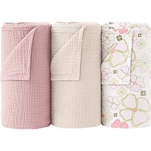 Bearmoss Muslin Swaddle Blankets 100% Cotton Baby Swaddle Blankets 47x47in, Super Soft Receiving Blankets for Unisex Baby Boys Girls(Pink Flower)