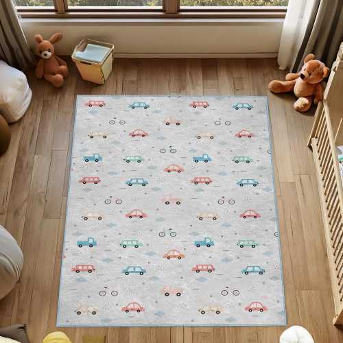 Colorful Cars Nursery Rug, Soft Toddler Carpet, Non-Slip Kids Play Mats, Baby Boy Room Rug, Washable Playroom Rug, Car Theme Nursery Decor