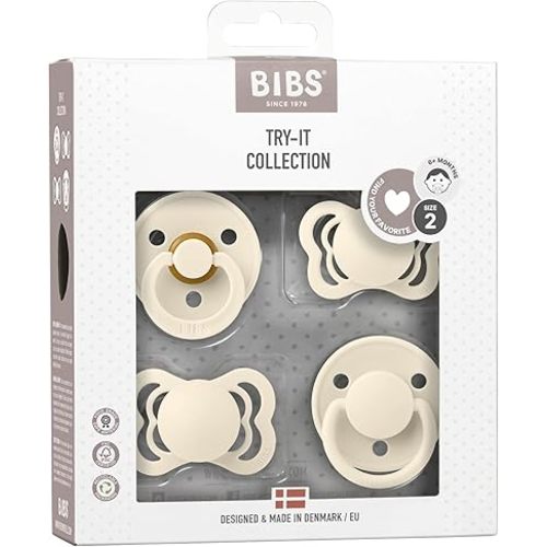 BIBS Try-It Collection | 4-Pack Soothers | BPA-Free Round, Anatomical & Symmetrical Nipple | Natural Rubber Latex/Silicone | Made in Denmark | 6-18 Months | Ivory