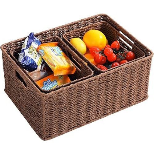 HOONEX Large Woven Baskets for Storage, Paper Rope Baskets with Sturdy Metal Wire Frame, Baskets for Shelves, Set of 3, Dark Brown