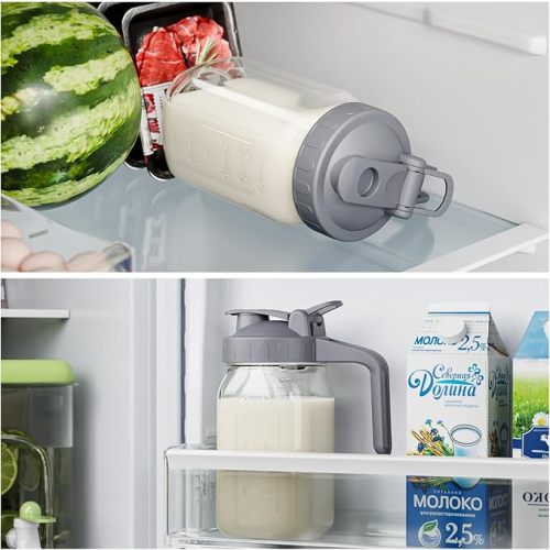 Breast Milk Pitcher Jug - 32 oz Glass Mason Jar Airtight Pitcher with Pour Spout Handle for Breastmilk, Iced Tea, Ice Drinks Storage Container