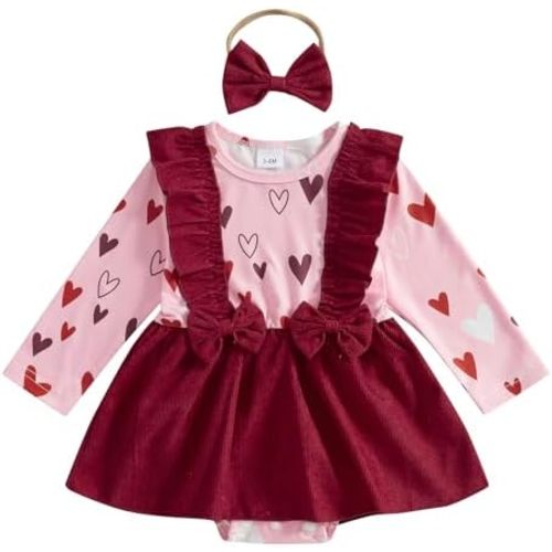 Valentines Day Baby Outfit Newborn Girl Long Sleeve Romper Dress Corduroy Skirt Red Heart Print Valentine Clothes