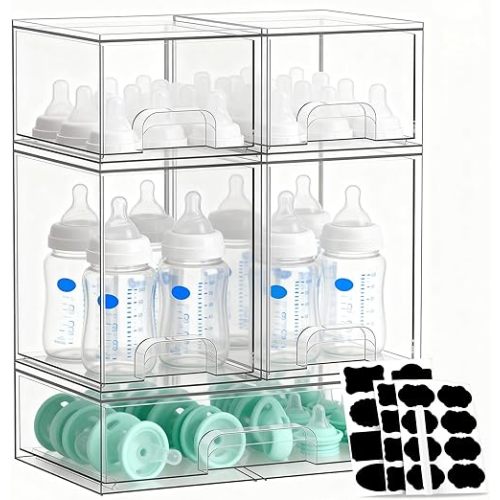 Stackable Storage Drawers Set of 5, Baby Bottle Organizer, Clear Multipurpose Storage for Countertop - Organize Kitchen, Vanity, Bathroom Cabinet & Pantry Supplies