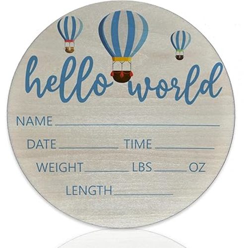 Hello World Newborn Sign Blue Hot Air Balloon Baby Name Birth Announcement Sign for Nursery Hospital Welcome Baby Name Plaque 6 inch Circle Birch Wood Board Birth Stat Sign Newborn Gifts for Mom