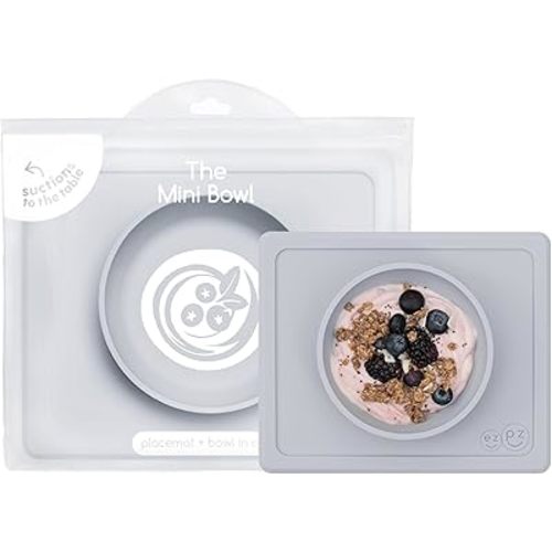 ezpz Mini Bowl for 12 Months+ (Pewter) - 100% Silicone Suction Bowl with Built-in Placemat for Toddlers - Comes with a Reusable Travel Bag