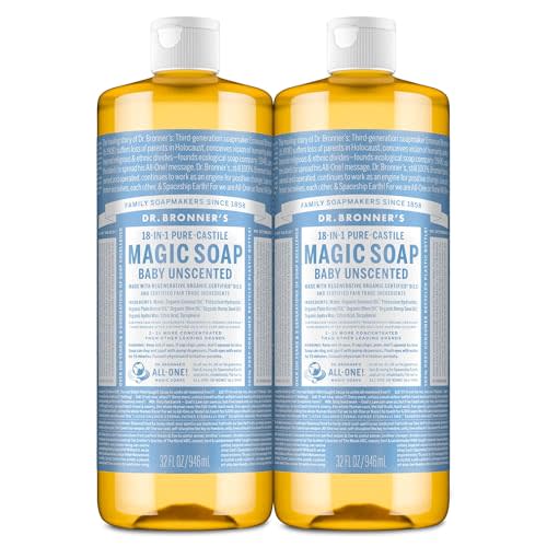 Dr. Bronner's Magic Soap-Pure-Castile Liquid Soap (Baby Unscented, 32 ounce, 2-Pack)-Regenerative Organic Certified Oils, 18-in-1 Uses: Body, Laundry & Dishes, For Sensitive Skin, No Fragrance