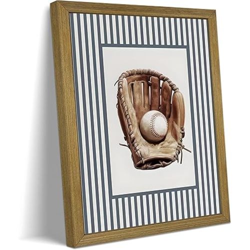 Vintage Baseball Nursery Wall Art Framed Canvas Print, Baseball Glove and Ball Poster, Blue Striped Sports Art Oil Painting for Boys Bedroom Baby Nursery Playroom Wall Decor 8x10 Inch