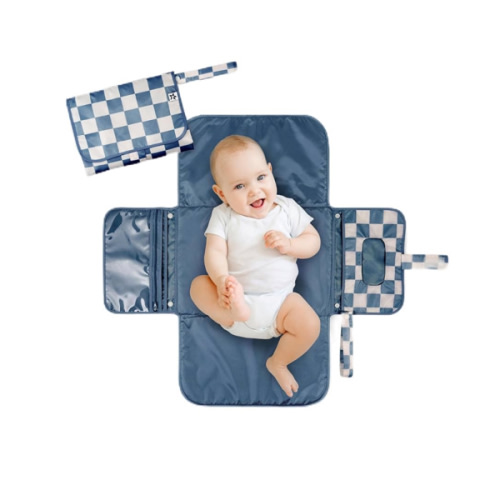 Tiny Twinkle Portable Diaper Changing Pad-Foldable Waterproof Changing Mat&Portable Changing Pad for Travel,Baby Changing Station with Smart Wipes Pocket&Storage (Blue Checkers)