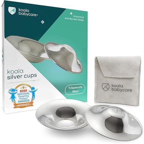 Koala Babycare The Original Silver Nursing Cups - Nipple Shields for Breastfeeding Newborn - Breastfeeding Essentials - Protect and Soothe - Tri-Laminate Silver - Maxi Size