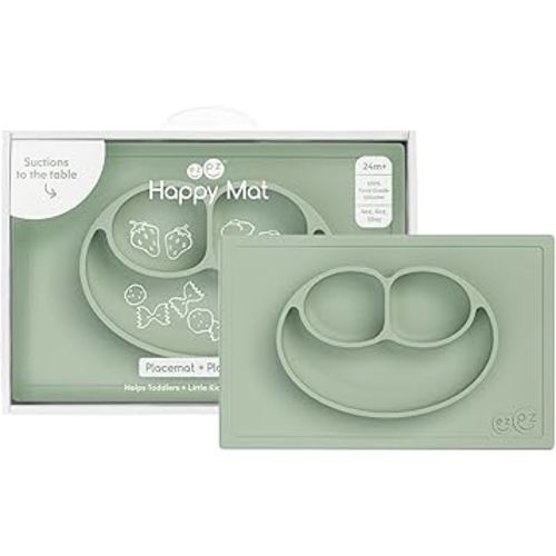 ezpz Happy Mat - 24 Months+ (Sage) - 100% Silicone Suction Plate with Built-in Placemat for Toddlers + Preschoolers - Divided Toddler Plates - Toddler Essentials