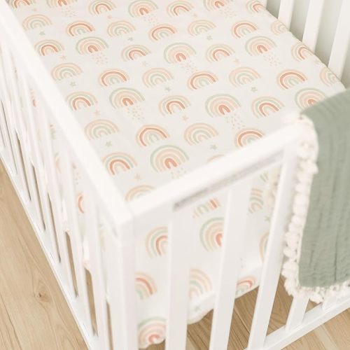 Crane Baby 100% Cotton Breathable Fitted Baby and Toddler Sheet for Standard Mattress (28 X 52), Machine Washable Crib Boho Rainbow Boho Rainbow