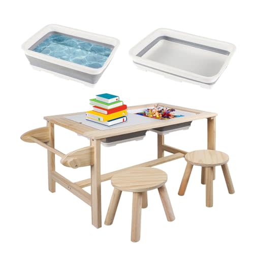 QEKMSY Kids Sensory Bins Table with 2 Stool, Multifunctional Children Interactive Activity Wooden Table Set for 1-3 Years, Drawing Table Play Sand & Water with Storage Bins Lid