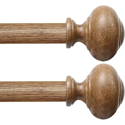 Wood Curtain Rods for Windows 48 to 84 Inch(4-7ft),1 Inch Heavy Duty Curtain Rods with Imitation Wood Grain Finials, Boho Adjustable Drapery Rod of Window Treatment(2 Pack)
