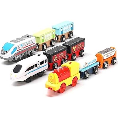 Wooden Trains Set Motorized Action Trains, 9 Piece Battery Operated Engine Train Toy, 3 Motorized and 6 Wooden Trains, Compatible to Wooden Tracks from All Major Brands