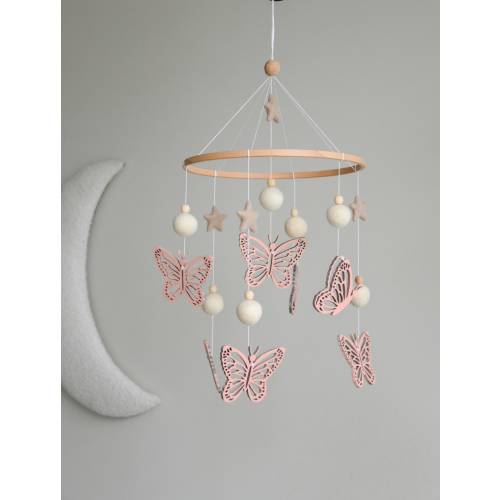 Pink baby mobile butterfly, Wooden butterlies crib mobile, Felted balls and stars baby nursery mobile, Butterfly nursery mobile, Floral