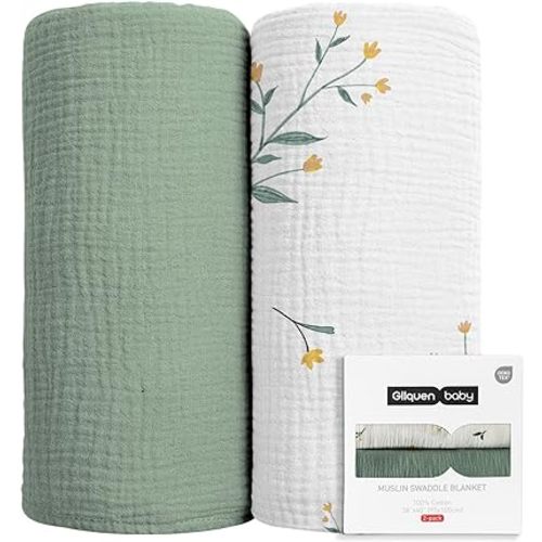 GLLQUEN BABY 2-Pack Muslin Swaddle Blankets for Unisex, Baby Swaddle Blanket for Boys and Girls, Soft Breathable Receiving Blankets Neutral, Newborn Essentials, Registry & Gift