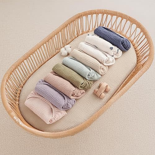 Bearmoss Bassinet Sheets - 2 Pack Muslin Cotton Bassinet Sheets Fits Oval and Rectangle Bassinet Mattress, Breathable and Skin-Friendly for Baby Boy and Girl (Cream&Olive Green)