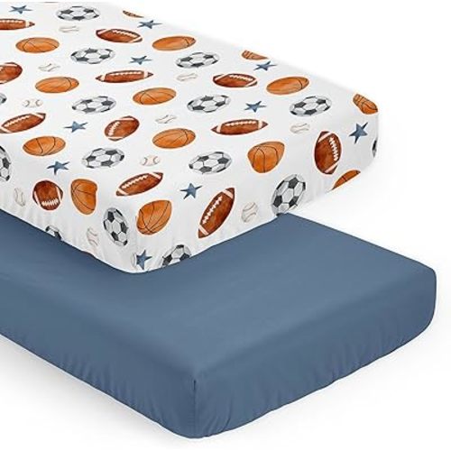 Sweet Jojo Designs Sports Theme Boy Baby Fitted Crib Sheet Set Infant Newborn Nursery Toddler Bed Room Standard Mattress 2p Solid Steel Blue and Watercolor Soccer Balls Football Baseball Basketball