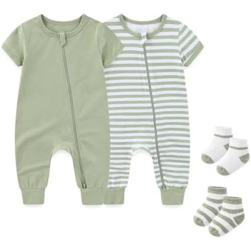 Baby Boy Girl 2-Pack Rompers with Socks 0-18M Toddler Unisex Zipper Short Sleeve Jumpsuits Clothes