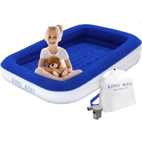 King Koil Luxury Toddler Inflatable Child Airbed, Travel Bed with Built-in Safety Bumper, Portable Air Mattress for Kids, Includes High-Speed Pump - Blue