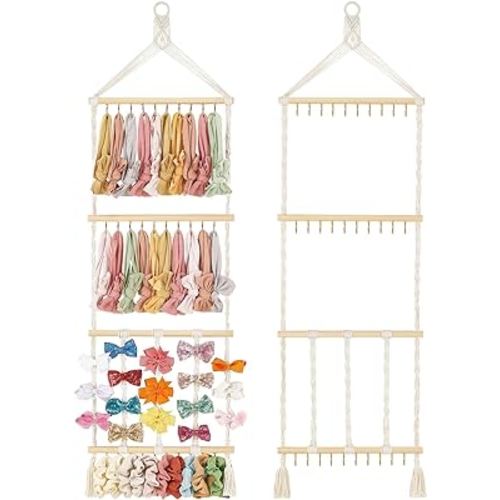 Mkono Headband Holder Hair Bow Organizer Scrunchie Holder for Girls, Macrame Bows Hanger Accessories Storage Display with 30 Hooks Wall Door Boho Nursery Bathroom Bedroom Decor for Toddler Baby