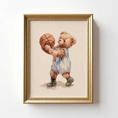Vintage Basketball Teddy Bear Wall Art, Adorable Bear in Basketball Uniform, Nostalgic Decor for Kids Room, Nursery, Gift for Sports Fans