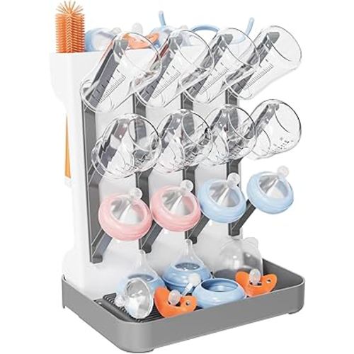 Baby Bottle Drying Rack, Vertical Bottle Dryer Holder Space Saving Standing Bottle Drying Rack for Countertop Kitchen Organize Bottles & Baby Accessories Brushes Pacifiers and Pump Part (Grey)