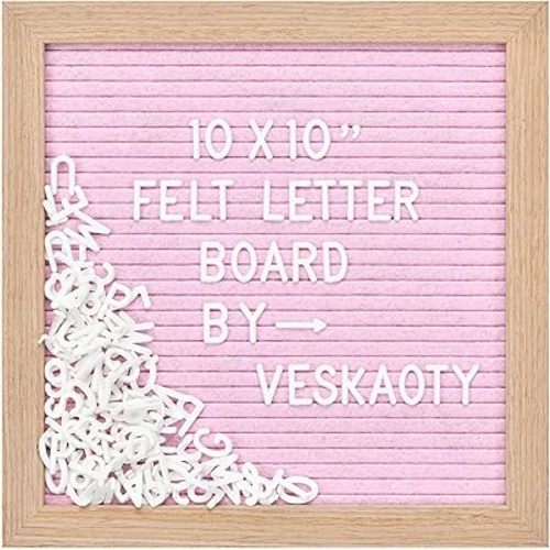 Felt Letter Board with 294 Letters, Numbers & Symbols - 10 x 10 inch Changeable Message Board with Wooden Frame Wall Mount Hook, Pink & Wood