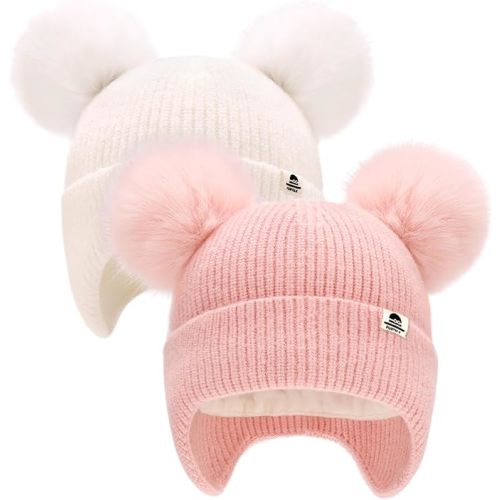 FURTALK Baby Winter Hat Pom Pom Beanie with Fleece Lined Toddler Warm Cap | Soft Fleece Lined & Knit Fabric, Double-Layer Warm, High Elasticity, 3 Growing Sizes (0-6Y), Detachable Poms for Washing