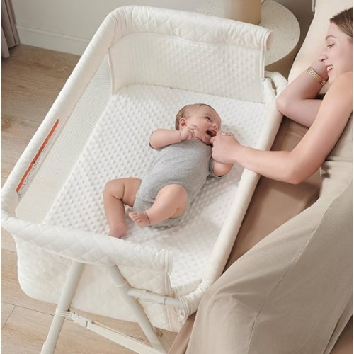 AirClub Bassinet Bedside Sleeper, Baby Crib for Newborn, Baby Bassinets Bedside Sleeper with 4 Auto-Lock & Adjustable Height, Breathable Mesh & Mattress, Bedside Bassinet