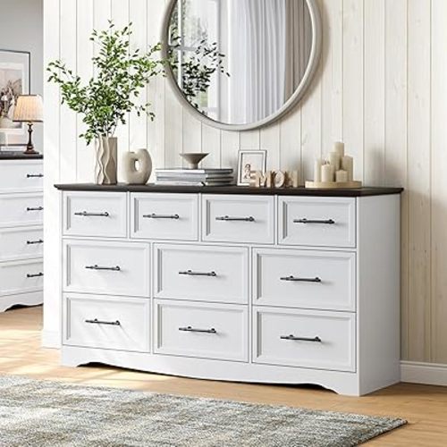 White Dresser for Bedroom, Modern 10 Chest of Drawers, 59" Wide Chest of Drawers with Brushed Metal Handle, Wood Closet Organizers and Storage Cabinet for Bedroom, Living Room, Hallway