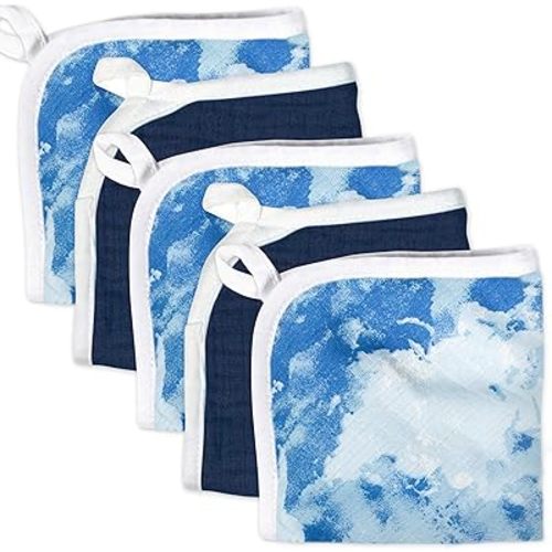 HonestBaby Organic Cotton Washcloth Multi-Pack, 5-Pack Watercolor World/Navy, One Size