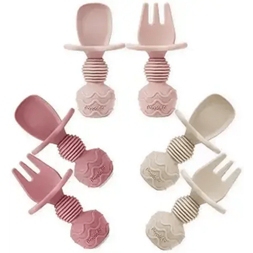 PandaEar 6 Pack Silicone Baby Spoons and Fork Feeding Set- Anti-Choke First Self Feeding Utensils for Baby Led Weaning Ages 3 Months -Pink