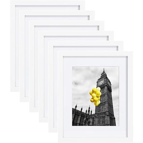 BSRHOME 11x14 Picture Frame Set of 6 with Plexiglass, Display Pictures 8x10 with Mat or 11x14 Without Mat for Tabletop Display and Wall Mounting, White