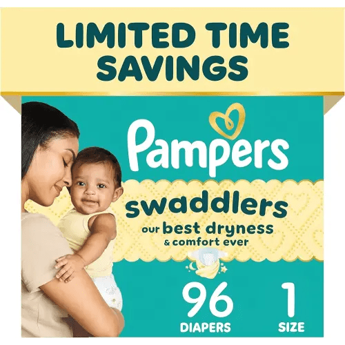 Pampers Swaddlers Diapers, Size 1 (8-14 lbs), 96 Count, Fragrance Free, Hypoallergenic, Absorbent, Pediatrician Recommended, Skin Safe
