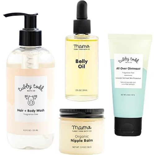 Tubby Todd New Baby & Mom Sensitive Skincare Kit - The Mama + Baby Gift Set - Baby Shampoo and Body Wash 8.5 Oz, All Over Ointment 2 Oz, Belly Oil 2 Fl Oz & Nipple Balm 1.9 Oz - Fragrance-Free