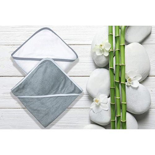 BAMBOO QUEEN 2 Pack Baby Bath Towel - Rayon Made from Bamboo, Ultra Soft Hooded Towels for Babies,Toddler,Infant - Newborn Essential -Perfect Baby Registry Gifts for Boy Girl - White and Grey - 30x30 Inch (Pack of 2)