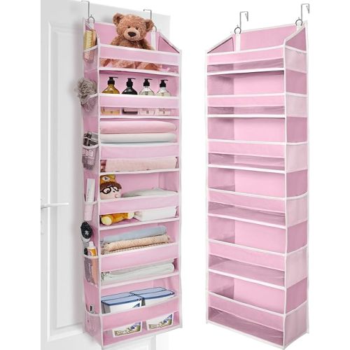 ULG Over The Door Organizer with 6 Large Pockets 12 Side Pockets, 50lbs Weight Capacity Door Hanging Storage Organizer for Bedroom, Bathroom, Pantry, Nursery Storage, Pink