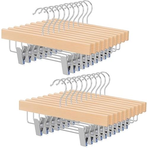 TOPIA HANGER 11.8 Inch Unfinished/Natural Wooden Pants Skirt Hangers for Kids Baby Toddler Children, Extra Thick Chrome Hooks & Anti-Wrinkle Premium Flat Clips 20 Pack CT09PN20