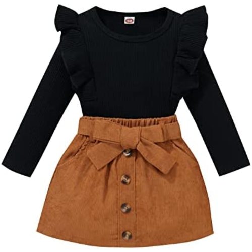 fhutpw Baby Toddler Girl Outfits Fall Winter Clothes Turtleneck Knitted Cotton Long Sleeves Tops & Button Mini Skirts Set