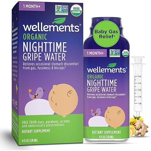 Wellements Organic Nighttime Gripe Water for Babies 1 Month+ (4 Fl Oz) - Baby Gripe Water for Bedtime Relief Gas, Colic & Fussiness - Herbs Promote a Peaceful Night’s Sleep - USDA Certified & Non GMO