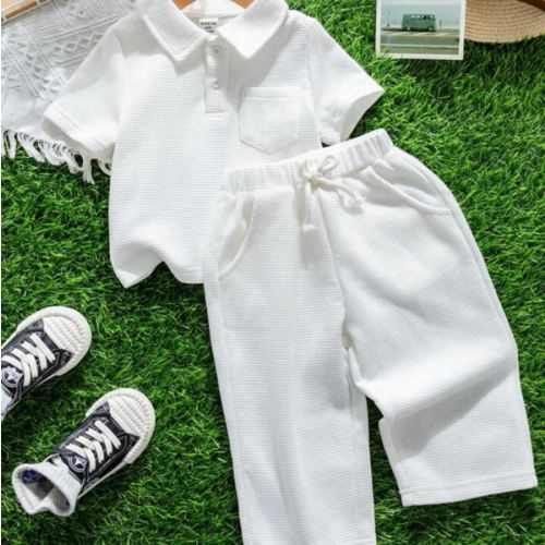 SHEIN 2pcs Baby Boy Collared Short Sleeve Half Placket Top And Casual Long Pants Set