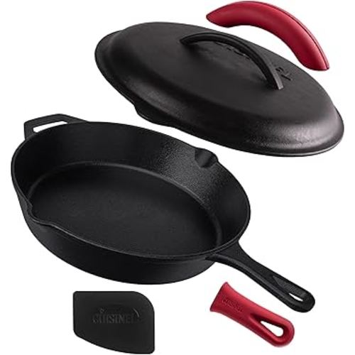 Cuisinel Cast Iron Skillet with Lid - 12"-inch Pre-Seasoned Covered Frying Pan Set + Silicone Handle & Lid Holders + Scraper/Cleaner - Indoor/Outdoor, Oven, Stovetop, Camping Fire, Grill Safe Cookware