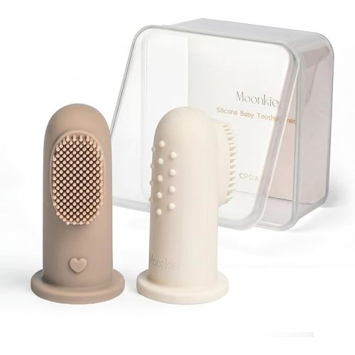 Moonkie Baby Toothbrush Finger Toothbrush Oral Cleaner Kit for 3 Months +, 2 Pcs Small (Warm Taupe/Ivory)